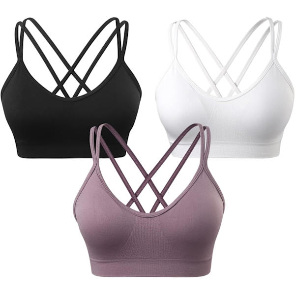 NG Dam Cross Back Sport-BH Vadderad Remsad Medium Support Yoga-BH för Träning Fitness 3 Pack 3pack(svart+vit+lila) XX-Large