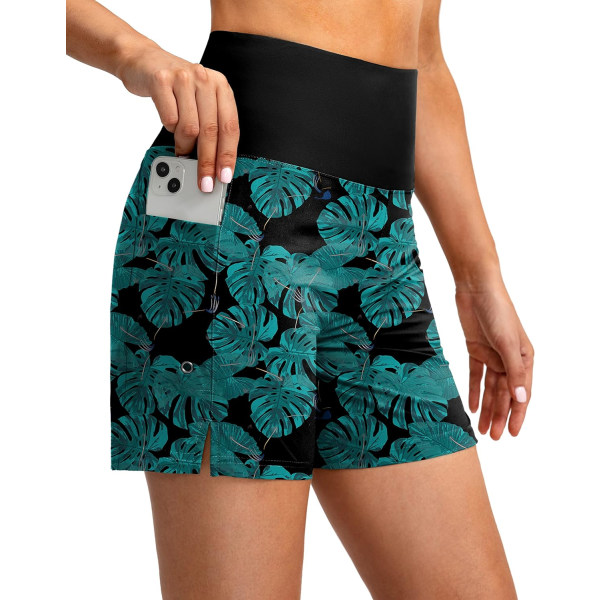 dual Dam 5\" High Waisted Swim Board Shorts med telefonfickor UPF 50+ Snabbtorkande badshorts för kvinnor med foder Blad Stor