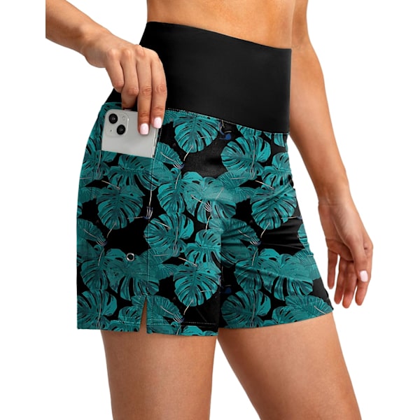 dual Dam 5\" Höga Midjesimmade Badshorts med Telefonfickor UPF 50+ Snabbtorkande Strandshorts för Kvinnor med Foder Blad X-Large