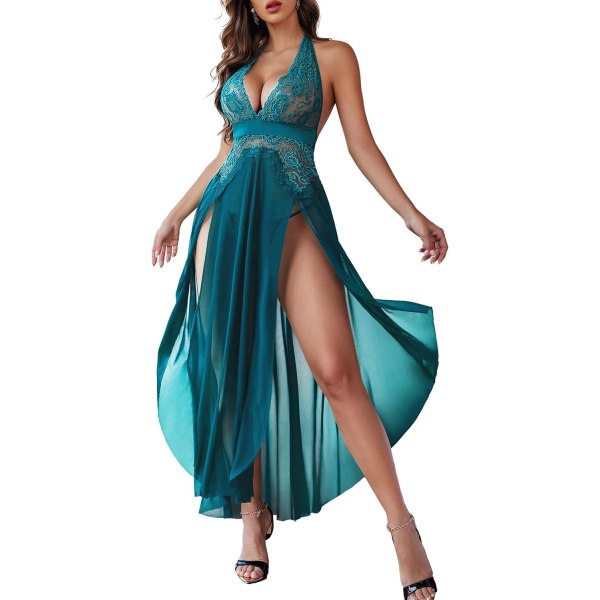 dlove Damkläder Lingerie Djup V-ringning Nattkläder En Delig Sexig Nattlinnen Mosaik Spets Mesh Klänning Grön XX-Large