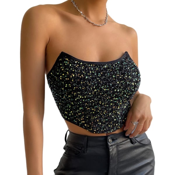 ora Dam Sexy Wetlook Metallic Cami Vest Crop Tank Top Blus Svart Paljett Medium