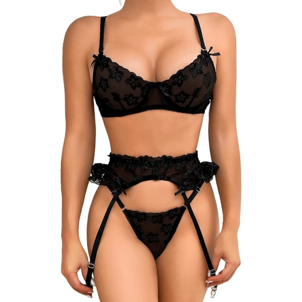 i&Shi Strumpeband Lingerie för kvinnor, Underwire Broderad Sexig Lingerie, Volang 3 Delar Lingerie Set Svart 0-2