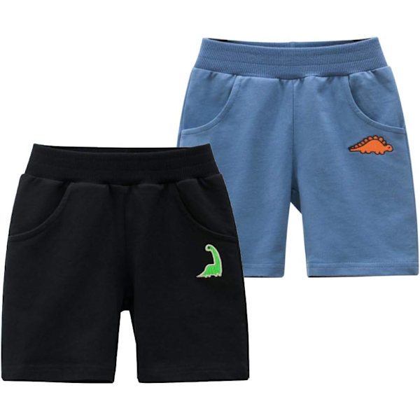 Xiang 2-pack stickade sportsshorts för pojkar och flickor, mjuka shorts med dragsko för småbarn och bebisar, svarta och blå, 2T