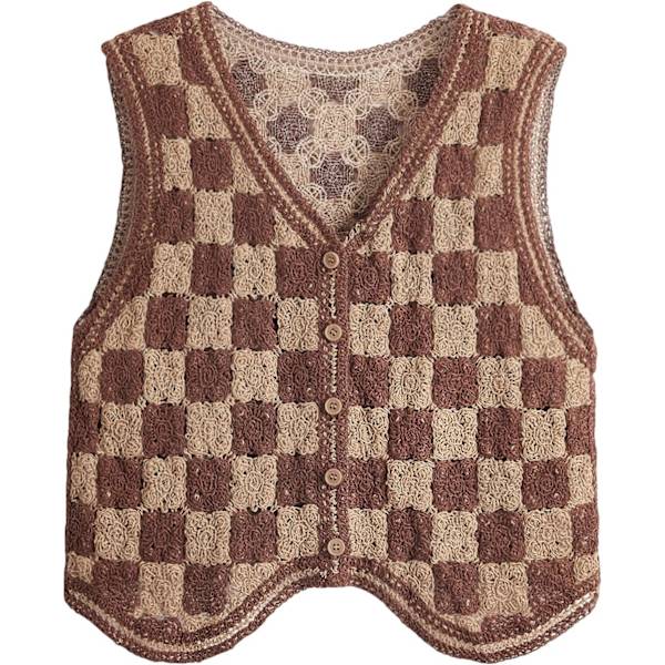dusa Dam Button Front V-hals Ärmlös Rutig Stickad Tröja Väst Khaki och Brun Stor