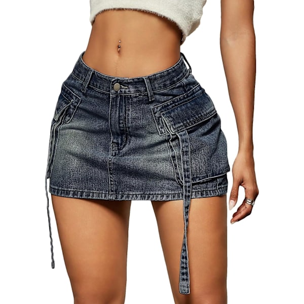 dusa Dam Casual Street Låg Midja Tejp Denim Cargo Minikjol med Flikficka Mörk Tvätt X-Large