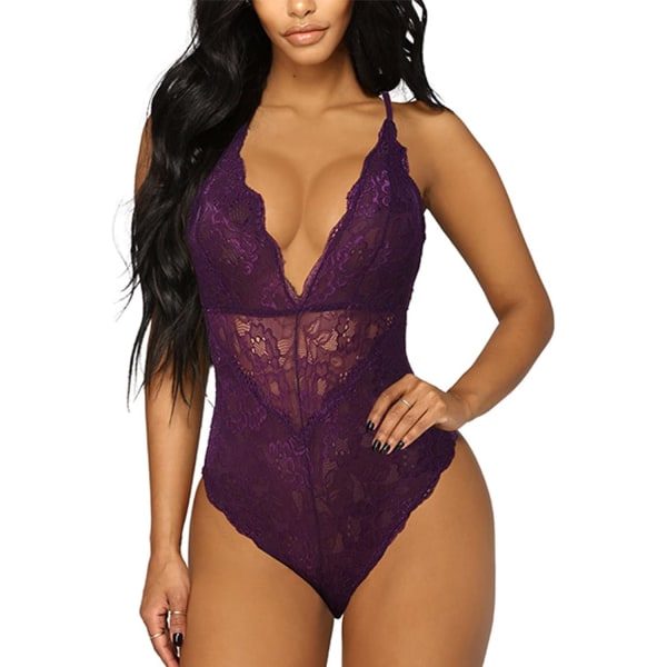 nmei Dam Sexy Spets Bodysuit Djup V Knäppning Gren Teddy En Delad Spets Babydoll Underkläder Lila X-Large