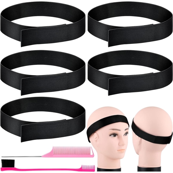 ieces Perukband för kanter Rosa hårkantborste och kam mjukt kantband Justerbart perukkant elastiskt band svart elastiskt band