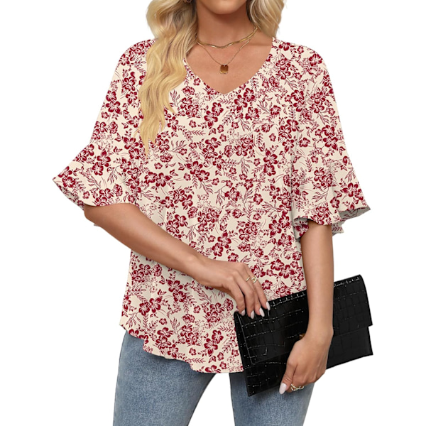 MOON Dam Blusar i Chiffon 3/4 Ärm Skjortor V-Ringning Klockad Ärm Klädd Toppar Röd Blomma Vit XX-Large