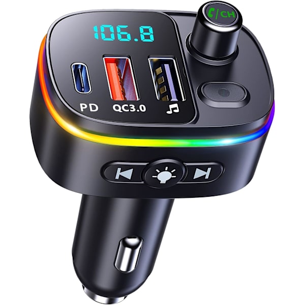 Sändare för bil Bluetooth 5.0, 9 RGB-bakgrundsbelysta bildigitala mediamodtagare, PD 18W &