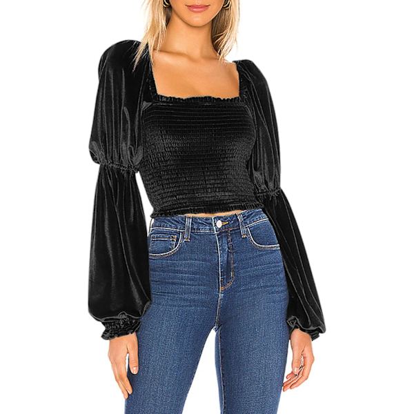 ivimos Dam höst lång puffärmar sammet stretchig rynkad crop top blusar svart stor