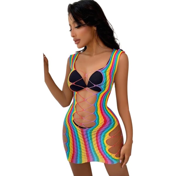 sv Sexig Teddy Rainbow Fishnet Chemise Hot Mesh Miniklänning Underkläder Babydoll Body Se Through Cover Up Dress Rainbow Randig One Size