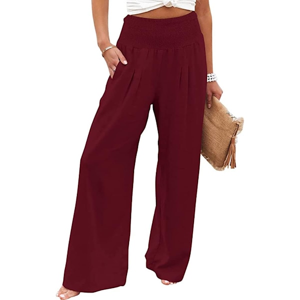 a Women Summer High Waisted Cotton Linen Palazzo Pants Wide Leg Long Lounge Pant Trousers with Pocket Red Wine Medium