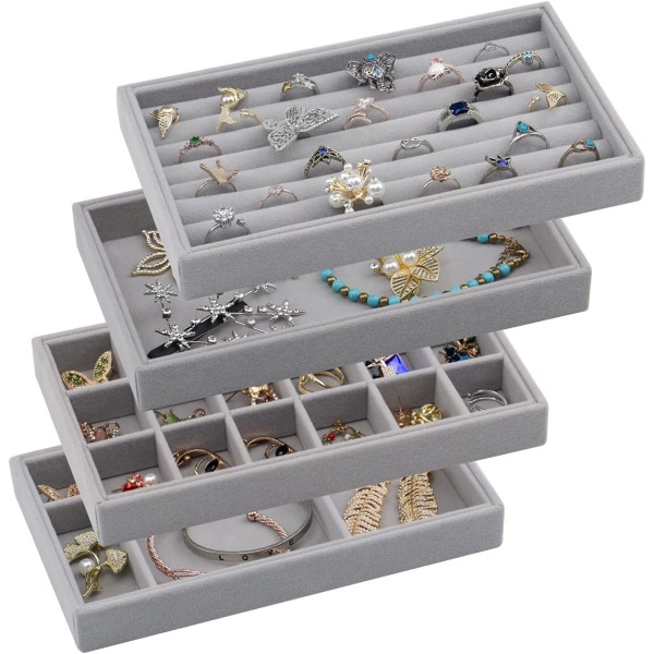 ybox Sammets smyckesbrickor Organizer för lådor, liten staplingsbar smycken displaybricka för ringörhänge armband armband N grå