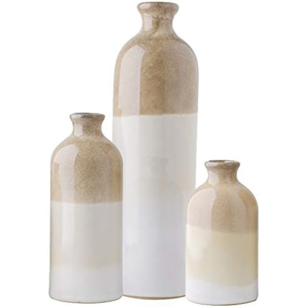 TESA'S COLLECTIONS Keramisk Rustik Vas för Heminredning, Set med 3 Glaserade Bruna och Vita Dekorativa Vasar för Bord, Kamin, Vardagsrumsdekoration, 1