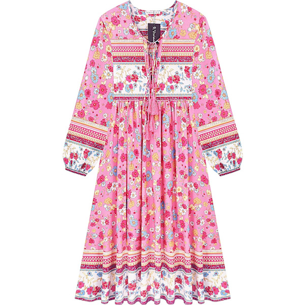 ivimos Dam långärmad blommig retro V-ringning tofs casual bohemisk midiklänningar rosa XX-Large