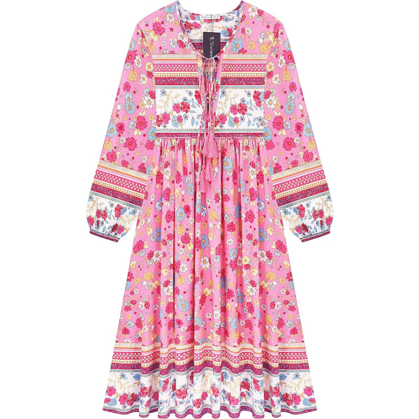 ivimos Dam långärmad blommig tryck retro V-ringad tofs casual bohemisk midiklänningar rosa stor