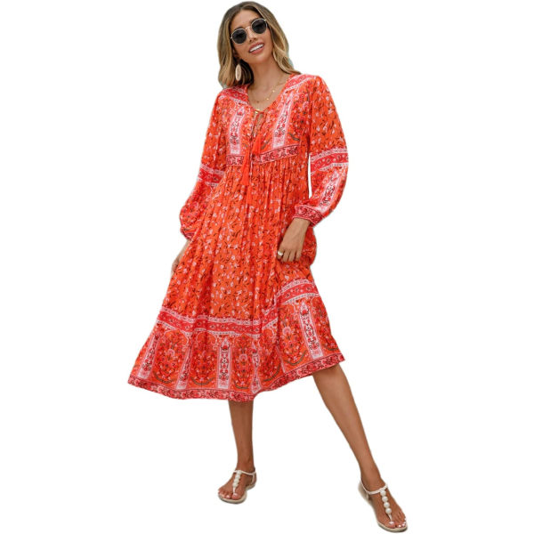 ivimos Dam långärmad blommig retro V-ringad tofs bohemisk midiklänning orange#2 stor
