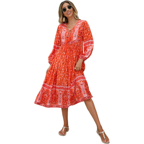 ivimos Dam långärmad blommig tryck retro V-ringad tofs bohemisk midiklänningar orange#2 XX-Large