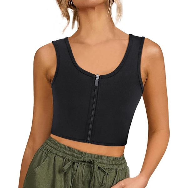 BIC Dam Bröst Binder BH Bustier för Transgender Tomboy FTM Kort Korsett Dragkedja Upp Elastisk Binder Trans Tank Top Svart 3X-Large
