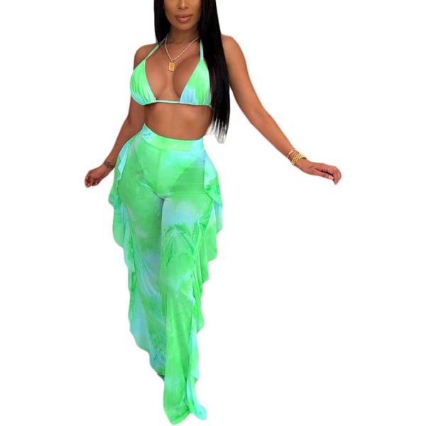 sv Beading Pearl Se Through Sheer Mesh 2 delar Outfits Jumpsuits Crop Top och Hollow Out Ruffle Långbyxor Tie Dye Green Small