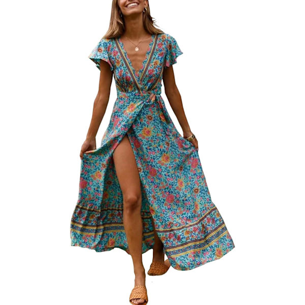 ivimos Dam Sommar Kortärmad Blommig Tryck Bohemisk Strand Midja Slips Wrap Lång Flytande Klänning med Slit Grön Liten