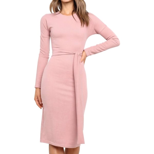 ivimos Dam vinter bomull långa ärmar elegant slips midja ribbad stickad bodycon tröja klänning rosa stor