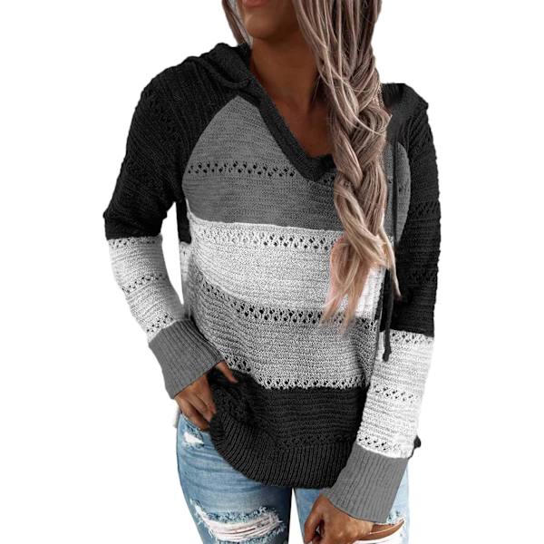 OAFE Dam tröja höst randig färgblock huvtröjor mode V-ringad stickad tröja pullover svart X-Large