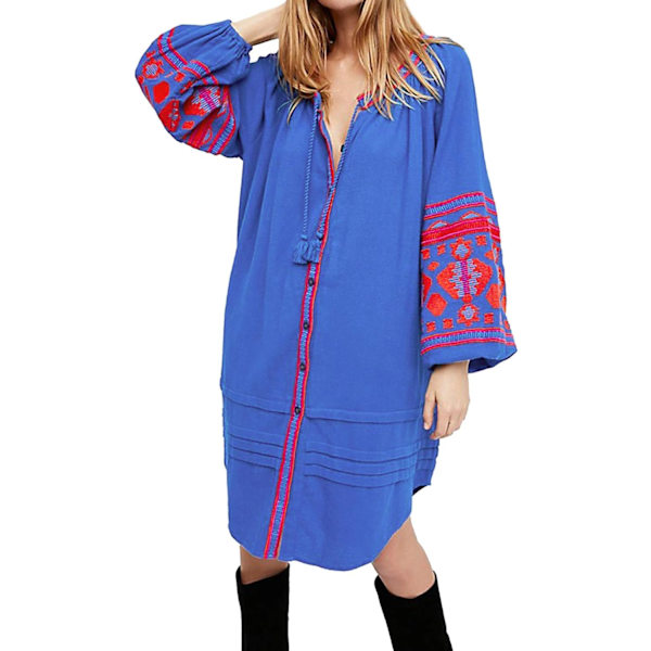 ivimos Dam höst långärmad broderi Oversized enkelknäppt knapp upp klänningar med fickor Blå Liten