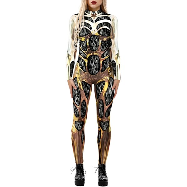 tory Dam Hi-Neck Skelett Print Bodycon Jumpsuits Fullbody Unitard 22#pattern#3 X-Large