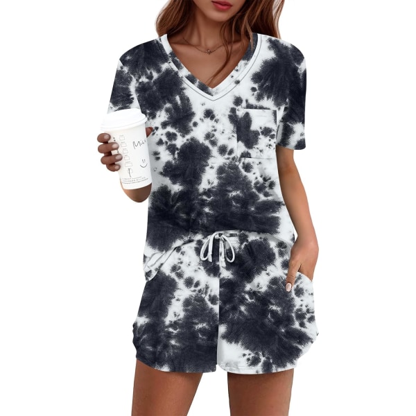 MOON Damkläder Pyjamas Set 2 Delar Lounge Set Söt Kort Pyjamas Med Ficka Sovkläder Tie Dye Svart Medium