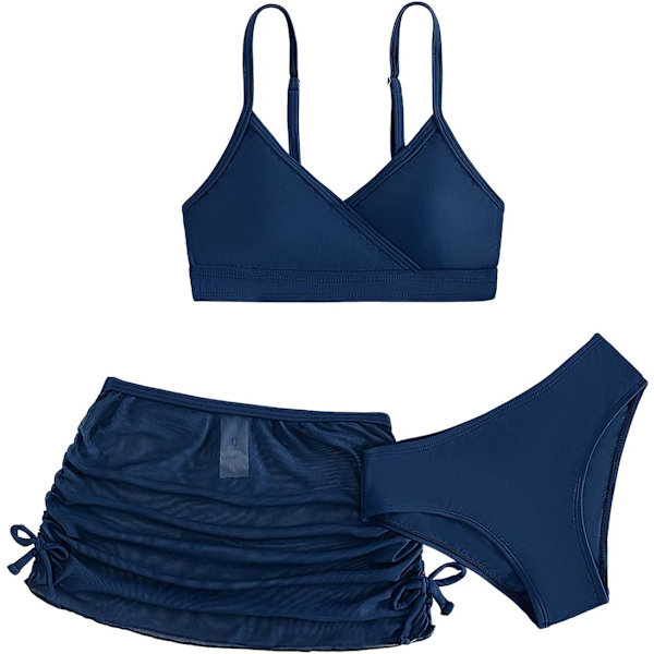 dusa Flickors 3-delad Bikini Badkläder Söta Baddräkter Badkläder Hög Midja med Cover Up Strandkjol Mörkblå 8 år
