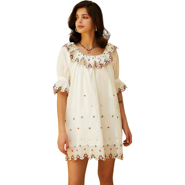 ivimos Sommarklänning för kvinnor, babydoll, miniklänning, bomull, puffärm, blommig broderad, casual, lös tunika, vit, liten