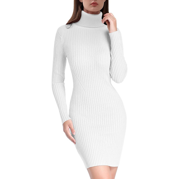 Kvinnor Turtleneck Långärmad Bodycon Höst Vinter Mini Slim Stickad Tröja Klänning Vit X-Large