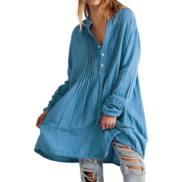ivimos tunikaklänning för kvinnor Höst bomull Knäppning med långa ärmar Casual miniskjortaklänning Blå X-Large