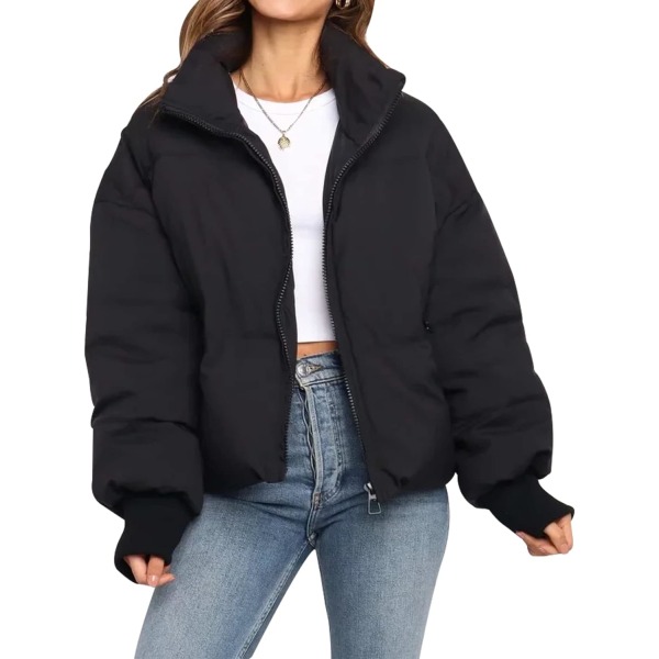 uo Kvinnor Vinter Cropped Puffer Jacket Kappa Kort Varm Quiltad Jacka Svart Liten