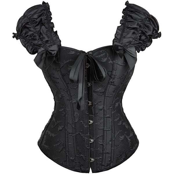 MMUO Dam Lacing Korsett Topp Satin Blommig Benad Överbyst Body Shaper Bustier Sexig Midja Push Up Shapewear Underkläder…, B Svart Puff Ärm X-Small