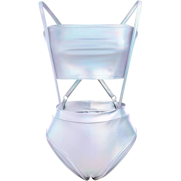 NSI Dam Sexig Holografisk Metallisk Bandeau Topp Strapless Bikini Reflekterande Blanka Booty Shorts Hög Midja Cheeky Clubwea Laser Silver Liten
