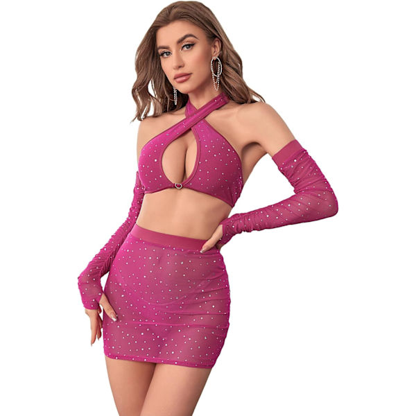 dusa Dam 2-delat set Glittrande mesh-halterneck-topp och kjolset med armärmar Hot Pink X-Small