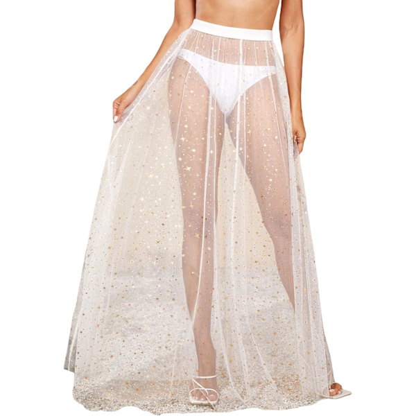 dusa Dam High Waist Sheer Mesh A Line Flowy Maxi Kjole Cover Up Star Print Whit X-Small