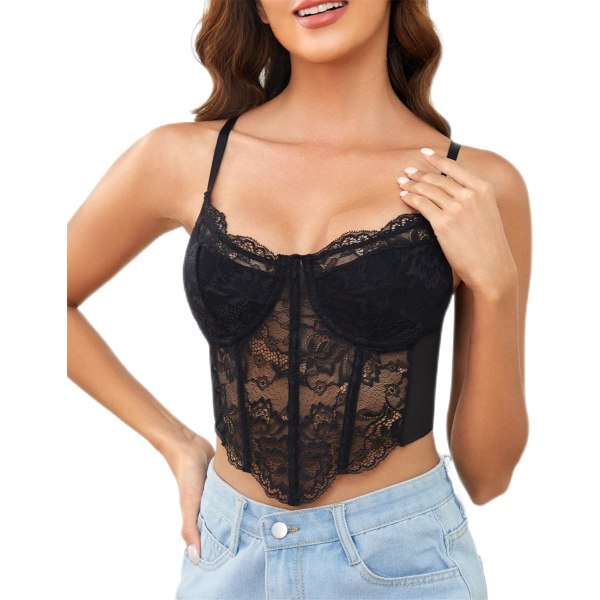 CIYBO Spetskorsett Topp Bustier Toppar för Kvinnor Spaghetti Justerbar Rem Genomskinlig Crop Bralette B-svart Medium