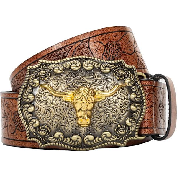 s Western Cowboy Belt - Longhorn Bull Pattern Buckle Belt Floral Engraved Buckle Belt Brown Fit Waist 33-38 in