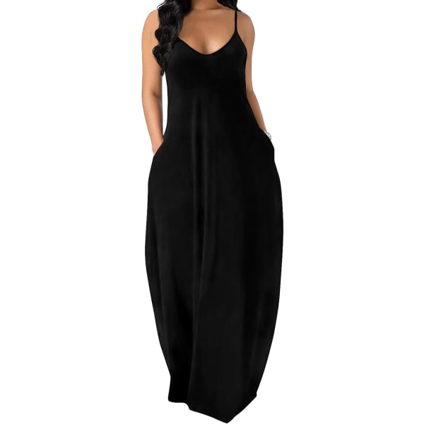 EFAN Damklänningar Sommar Spaghetti Strap Klänning med Ficka Aablack XX-Large
