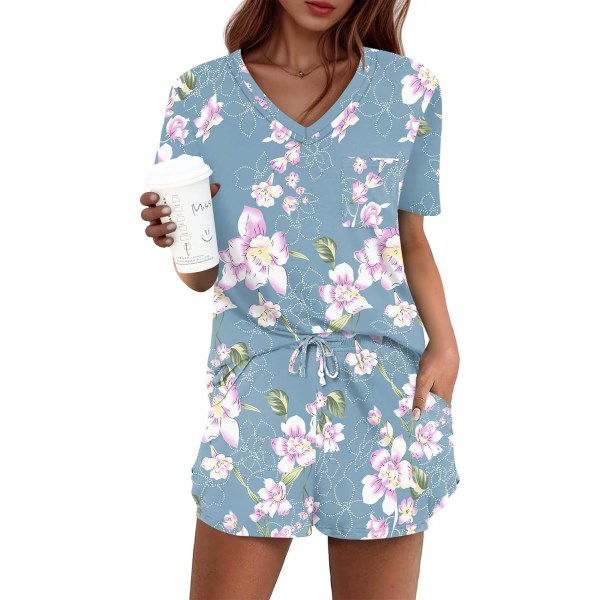 MOON Damkläder Pyjamas Set 2-delat Lounge Set Söt Kort Pyjamas Med Ficka Sovkläder Blå Blommig 05 Liten