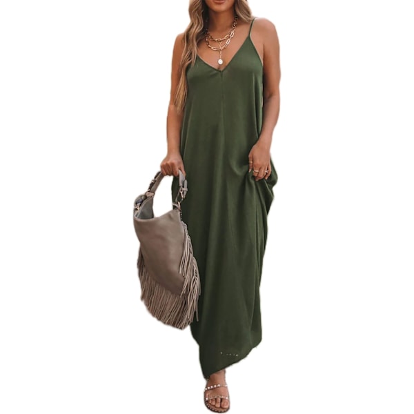 ivimos Dam Sommar Casual Justerbar Spaghetti Rem V-hals Boho Lös Passform Rygglös Maxi Klänning med Ficka Armygreen Medium