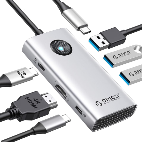 USB C-dockningsstation, 6-i-1 USB C till USB-adapter med 3 USB 3.0-portar, 1 USB-C, HDMI (4K@30Hz), PD100W, USB C Hub Multiport-adapter för MacBook/Dell/
