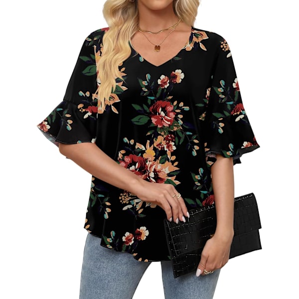 MOON Dam Blusar i Chiffon 3/4 Ärm Skjortor V-Ringning Klockad Ärm Klädd Toppar Brun Blommig Bl Stor