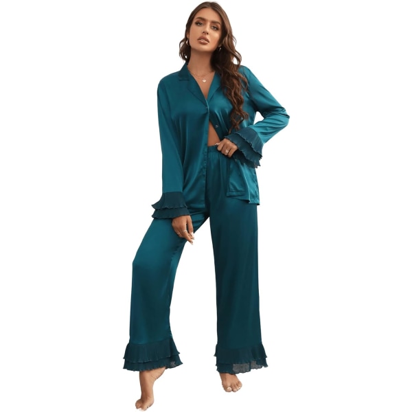 dusa Dam satin krage blus och volang fåll byxor pyjamas set Teal Blue X-Small