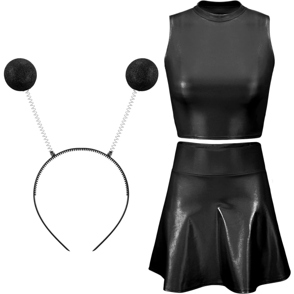 allic Topp Sleeveless Crop Tank Top Plisserad kjol med pannband för Raves Halloween Cosplay Svart Medium