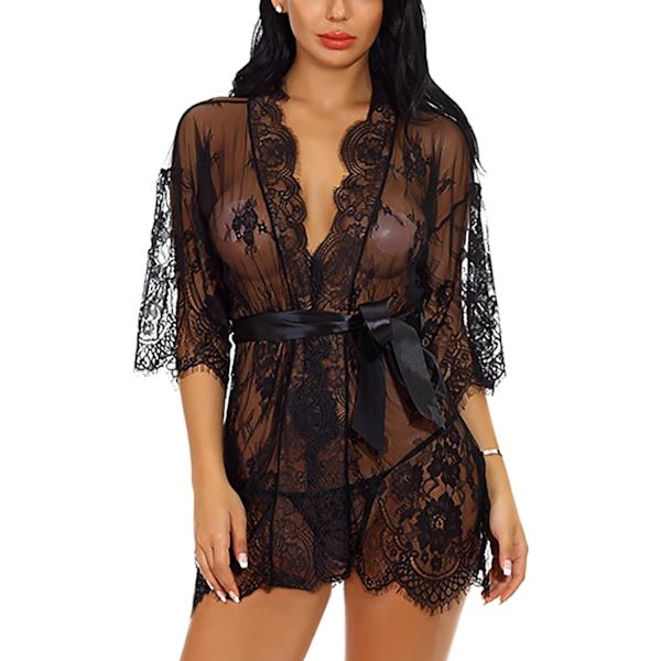 efen dream love Dam Kimono Robe Blommig Spets Babydoll Lingerie Genomskinlig Mesh Nattlinne Svart XX Large, Svart, XX-Large