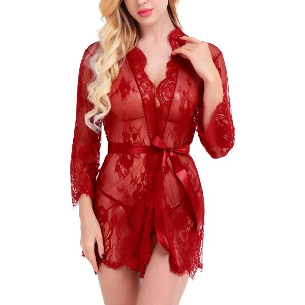 NG Sexig Spetsklänning Kimono Nät Nattlinne Babydoll Underklädesset S-XXL Röd X-Large